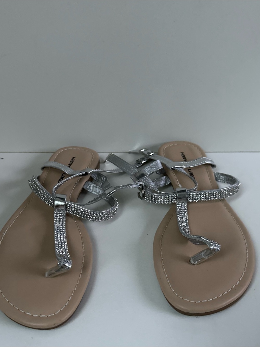 Harvest Land Silver Rhinestone T-Strap Flat Sandals Women's Size 5 (EU 35)